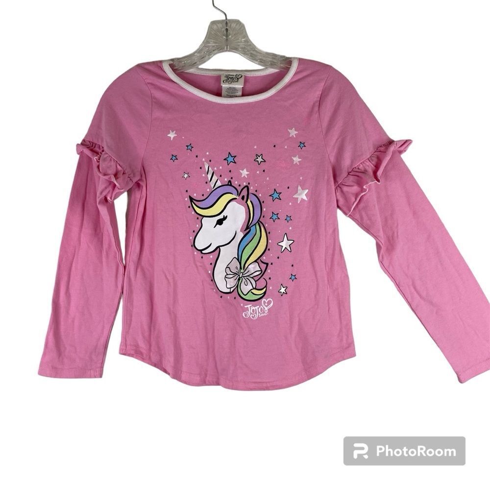 5/$25 Jojo Siwa Pink White Long Sleeve Unicorn Graphic Ruffle T Shirt 14/16